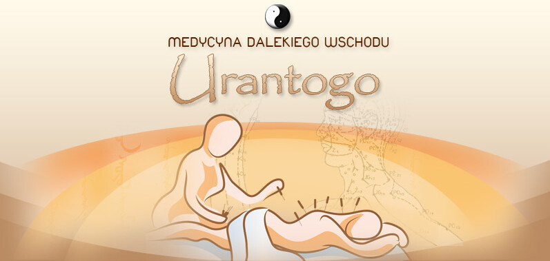Urantogo – Medycyna Dalekiego Wschodu. Ilustracja: lekarka wykonuje zabieg akupunktury pacjentowi leżącemu na kozetce, w tle mapa punktów akupunkturowych